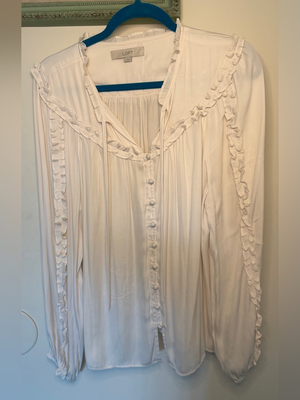 LOFT Cream Ruffle-Trim Button-Front Blouse